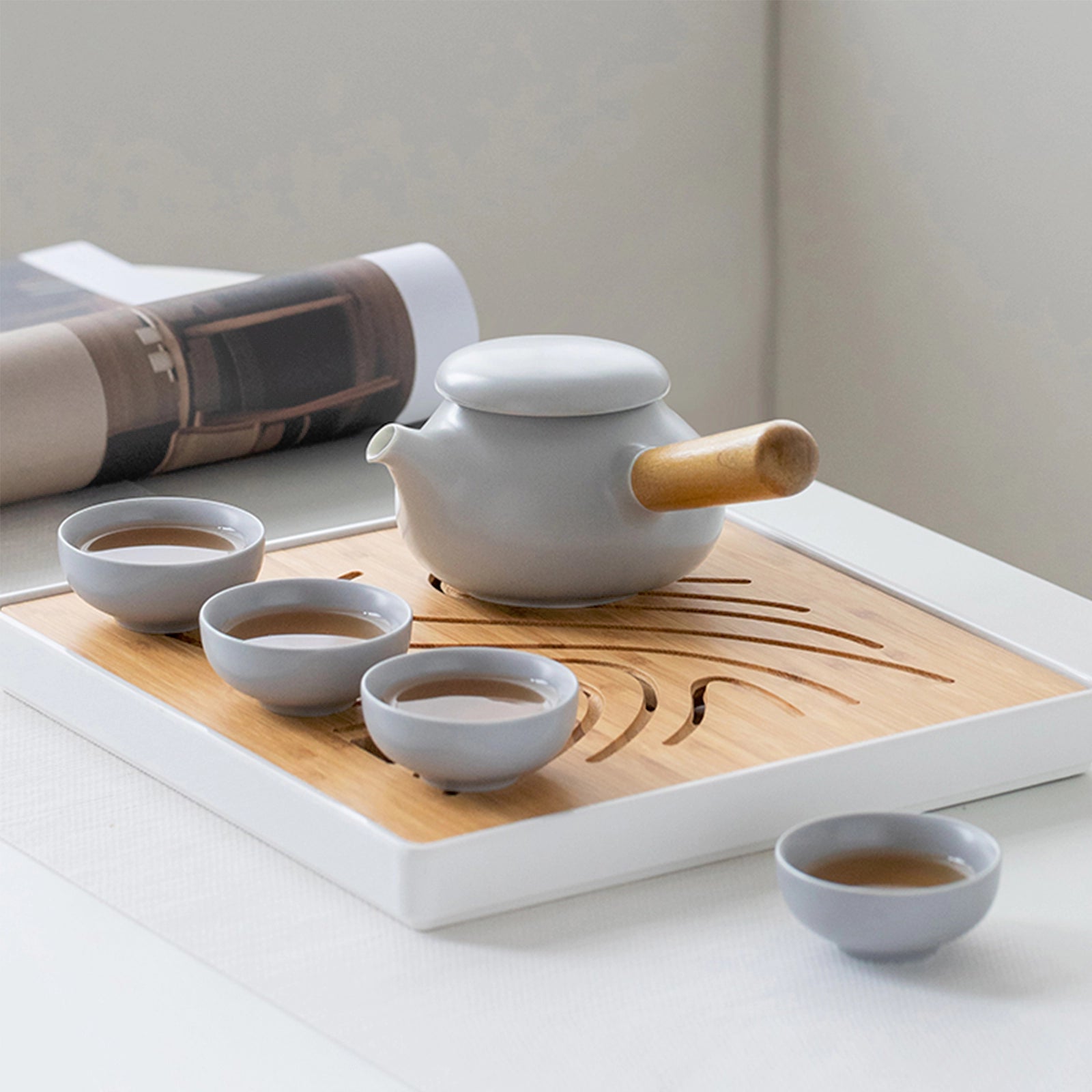 Japanese Ceramic Kyusu Teapot Set 4 Cups with Tea Tray