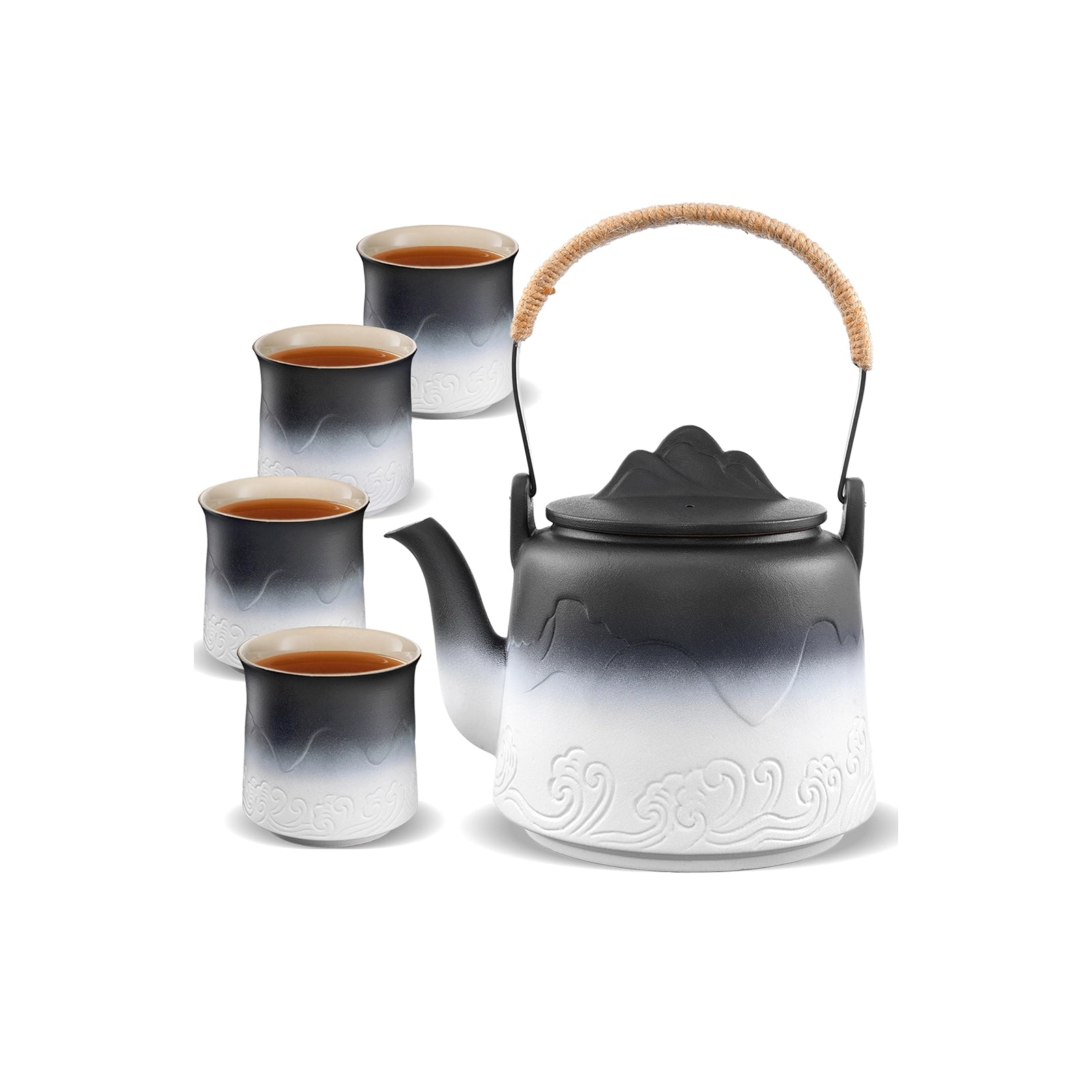 Japanese Vintage Ceramic 33 Oz Teapot with 4 Cups Black & White