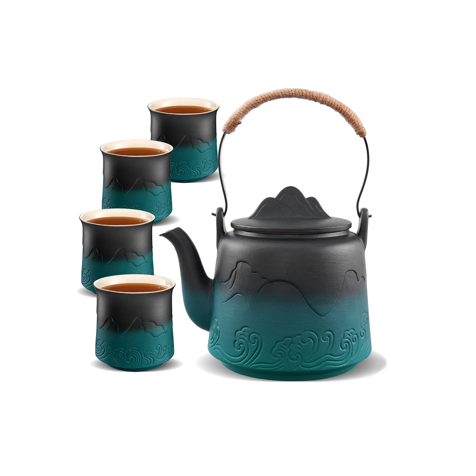 Japanese Vintage Ceramic 33 Oz Teapot with 4 Cups Black & Green