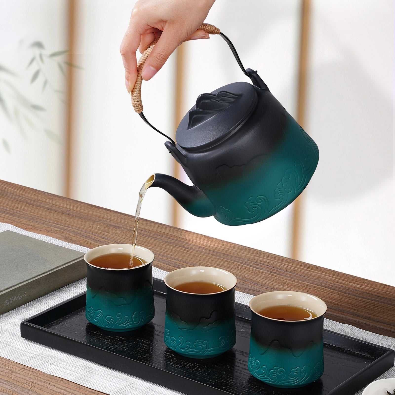 Japanese Vintage Ceramic 33 Oz Teapot with 4 Cups Black & Green