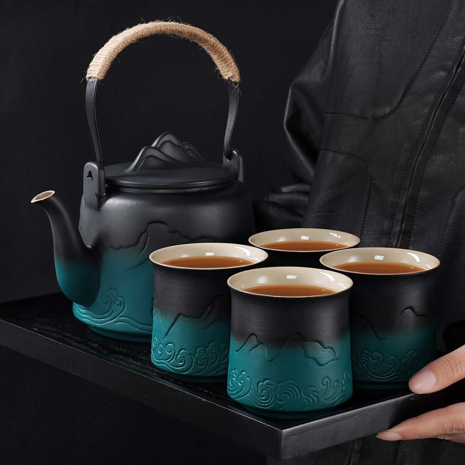 Japanese Vintage Ceramic 33 Oz Teapot with 4 Cups Black & Green