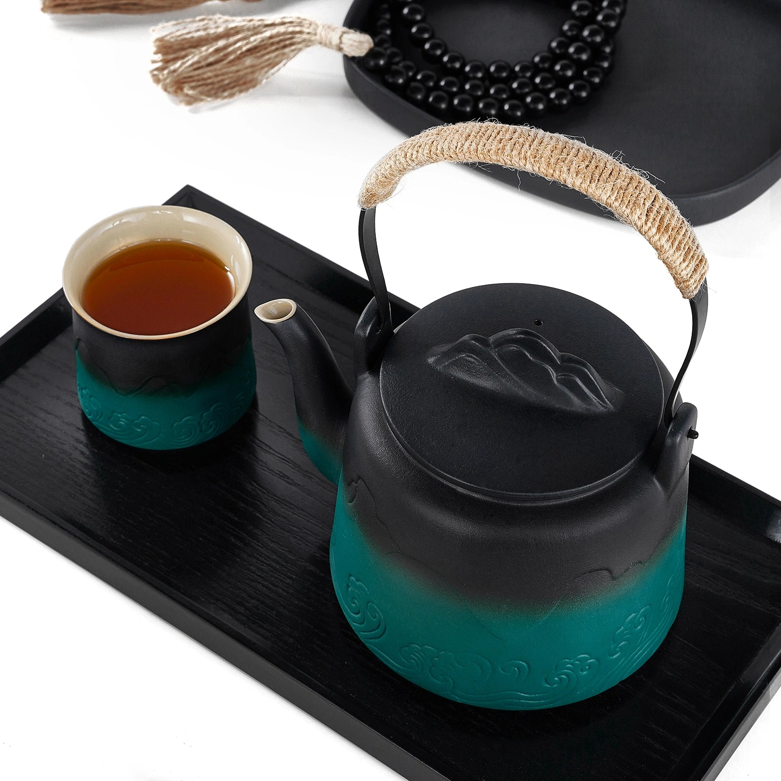 Japanese Vintage Ceramic 33 Oz Teapot with 4 Cups Black & Green