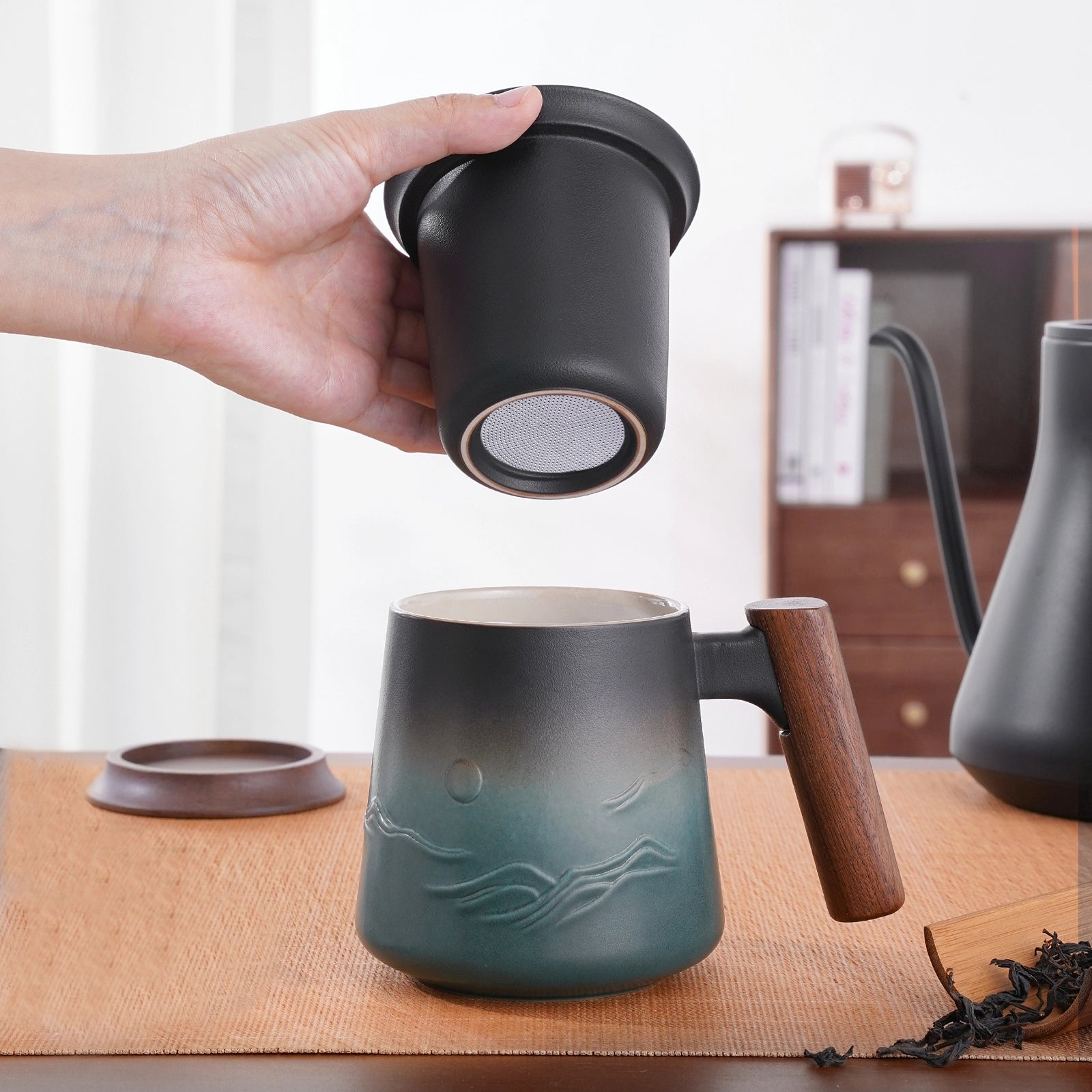 14.5oz-zensliving-steeping tea mug with infuser-gift for tealover-green