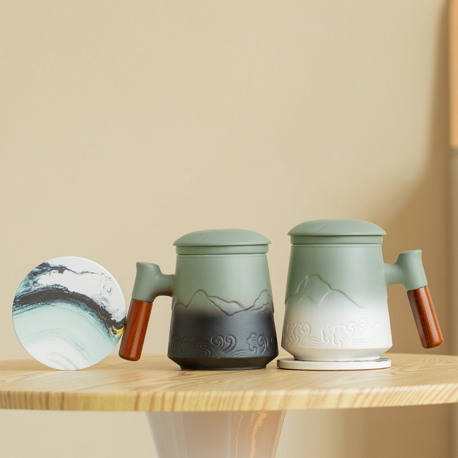 Tea Infuser Mug & Coaster 15 Oz Embossed Dark Pea-Green