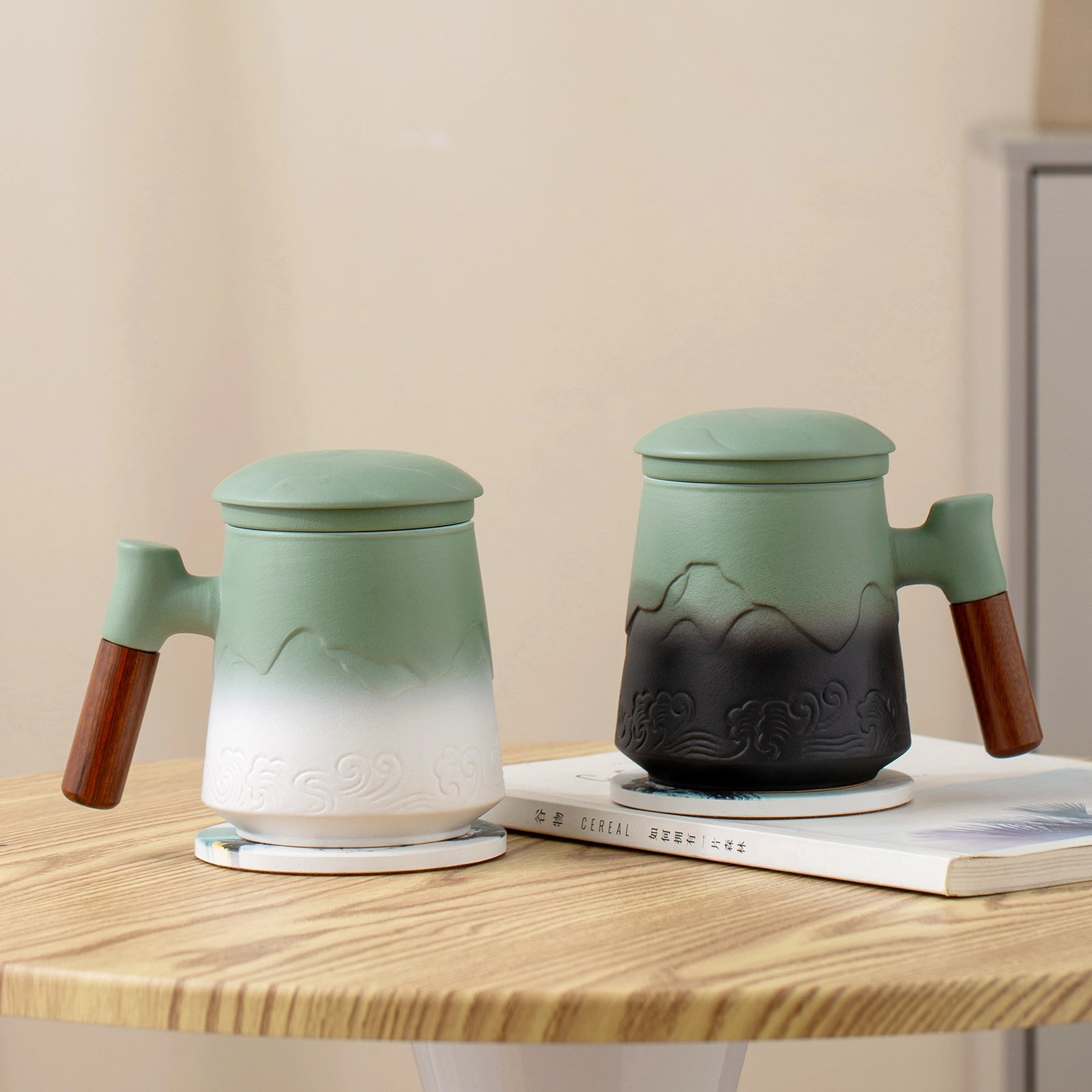 Tea Infuser Mug & Coaster 15 Oz Embossed Light Green