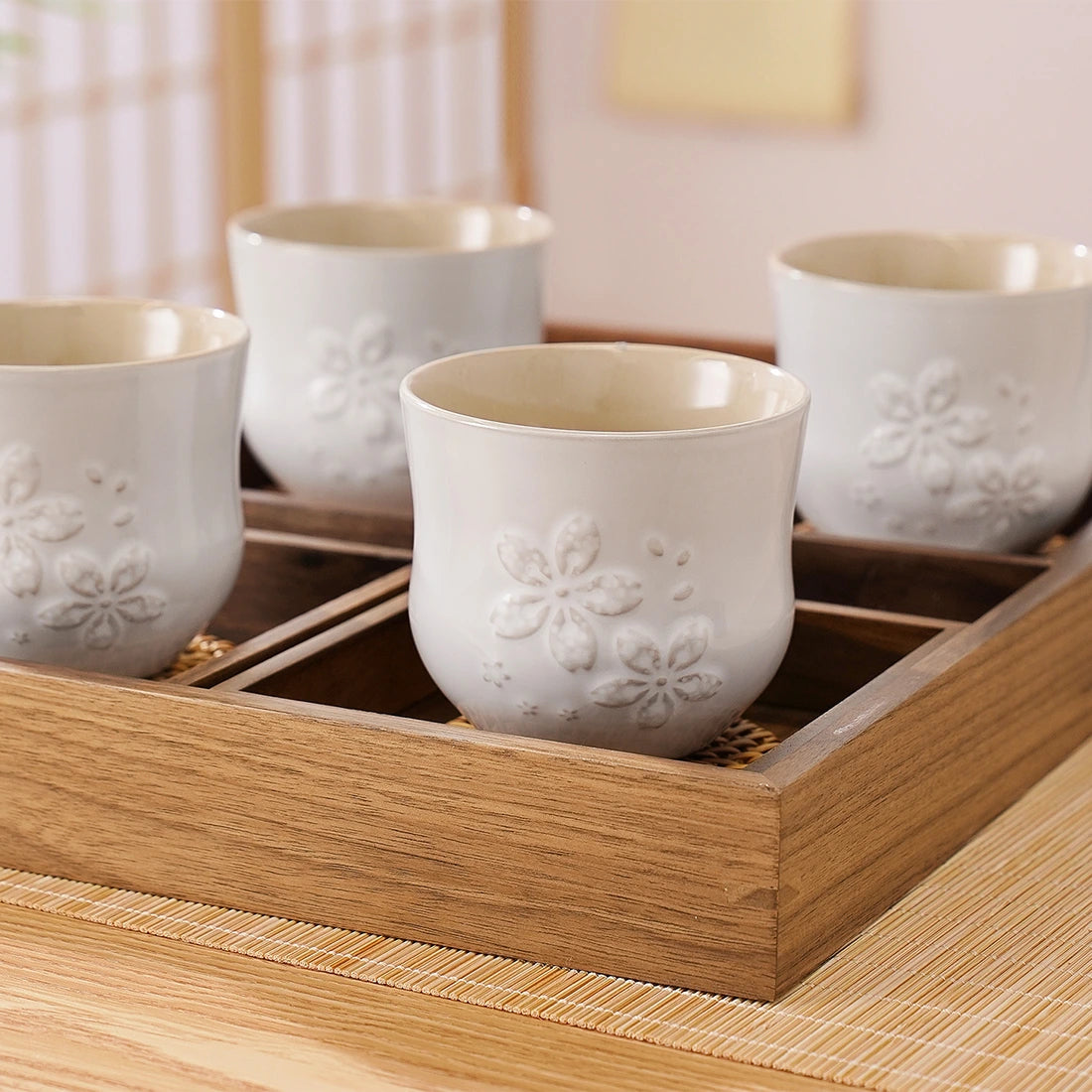 Matte Japanese Tea Cups Set 6.8 Oz Sakura Design White
