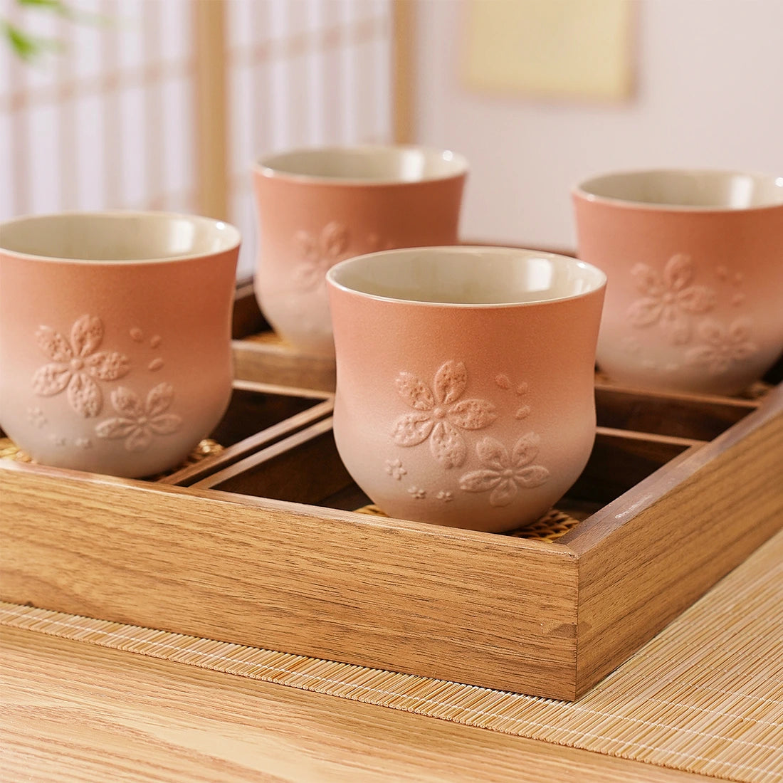 Matte Japanese Tea Cups Set 6.8 Oz Sakura Design Pink