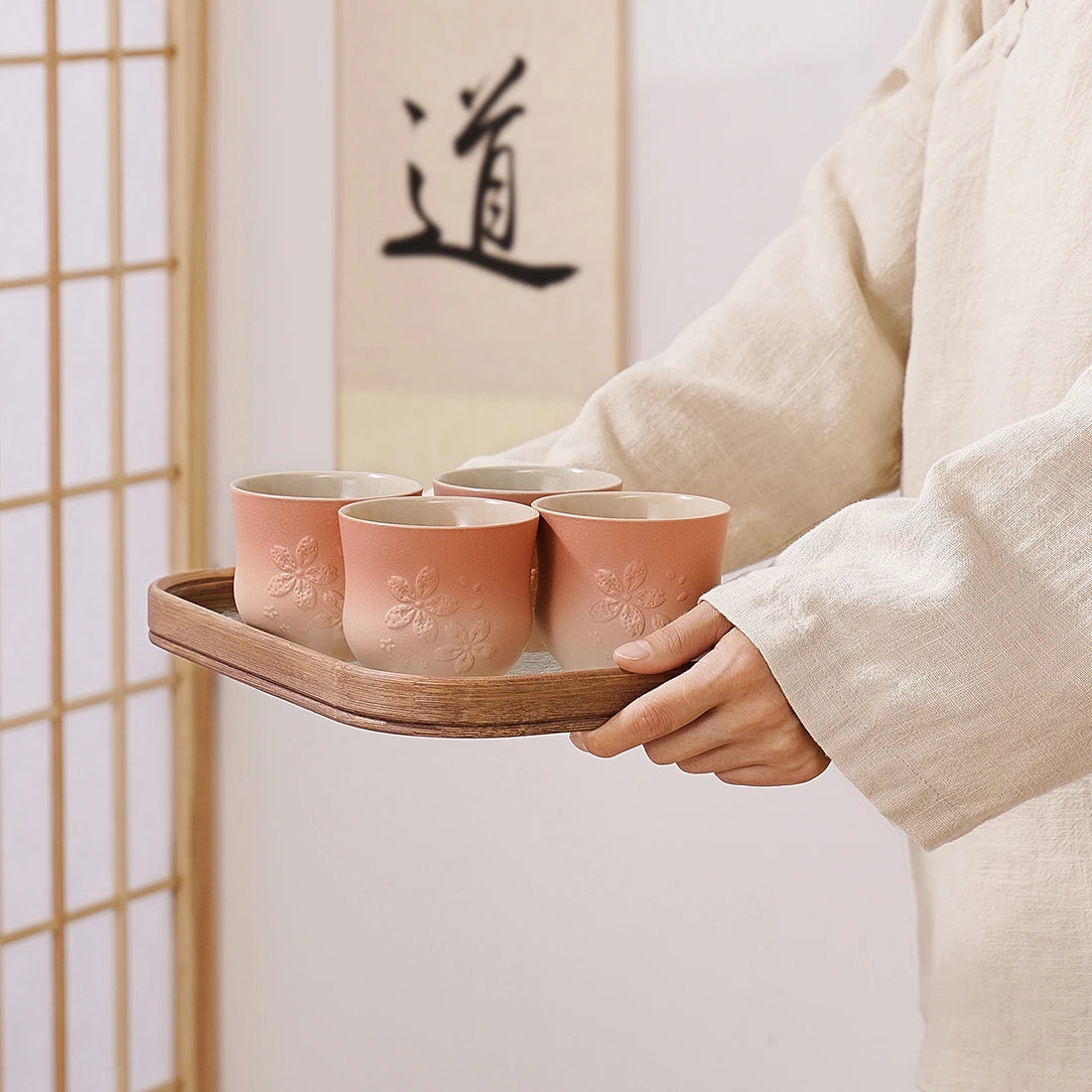 Matte Japanese Tea Cups Set 6.8 Oz Sakura Design Pink