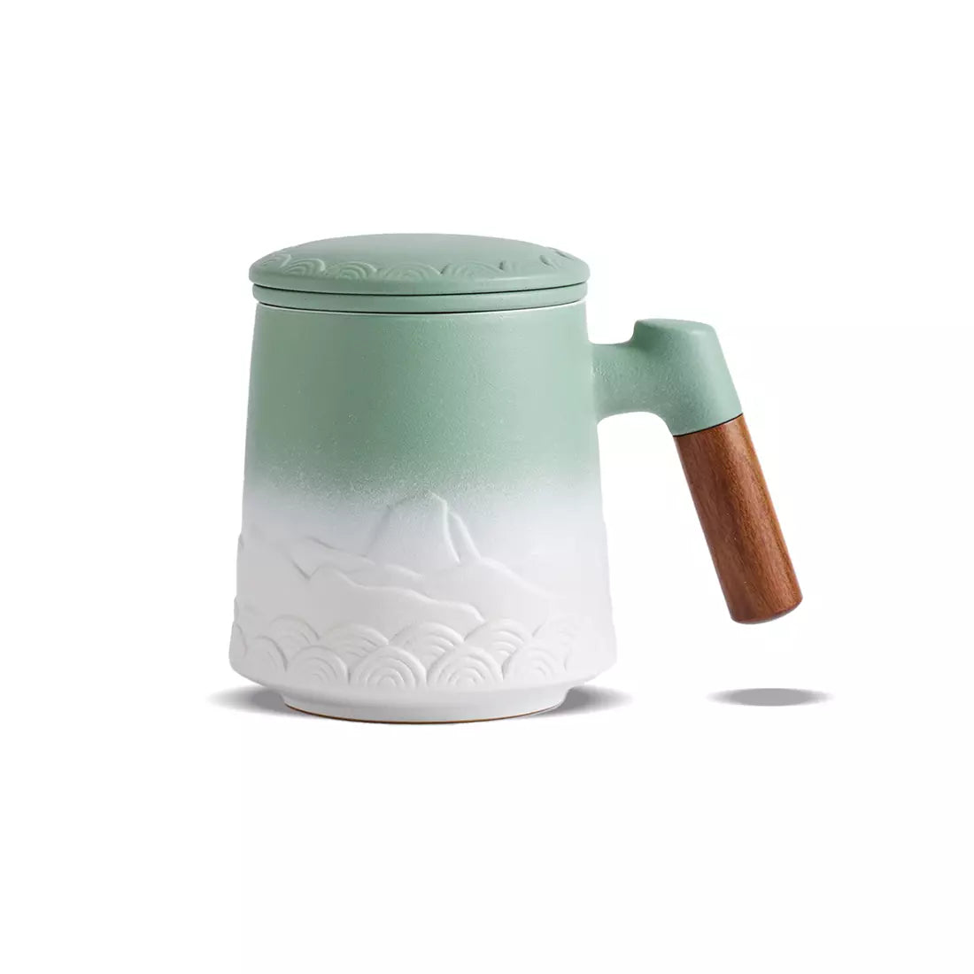 Tea Infuser Mug & Coaster 16.8 Oz Embossed White & Green