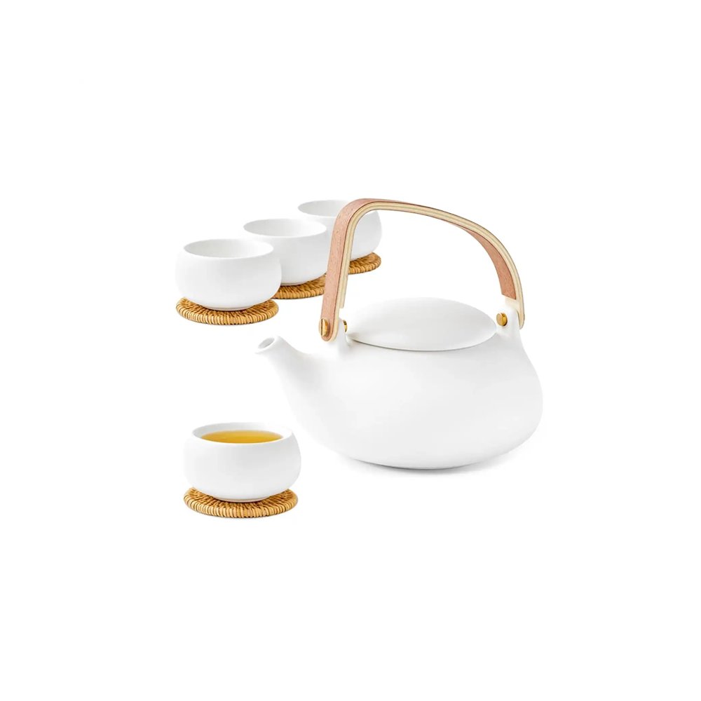 Japanese 27 Oz Infuser Teapot with 4 Cups & Coasters Set White