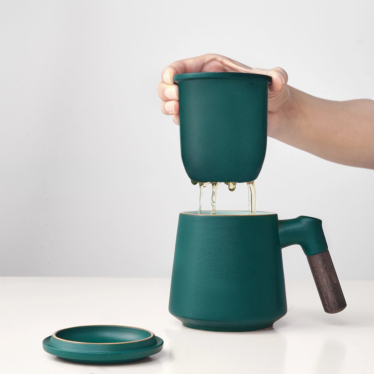 Matte Ceramic Tea Infuser cup 14.5 Oz Dark Green