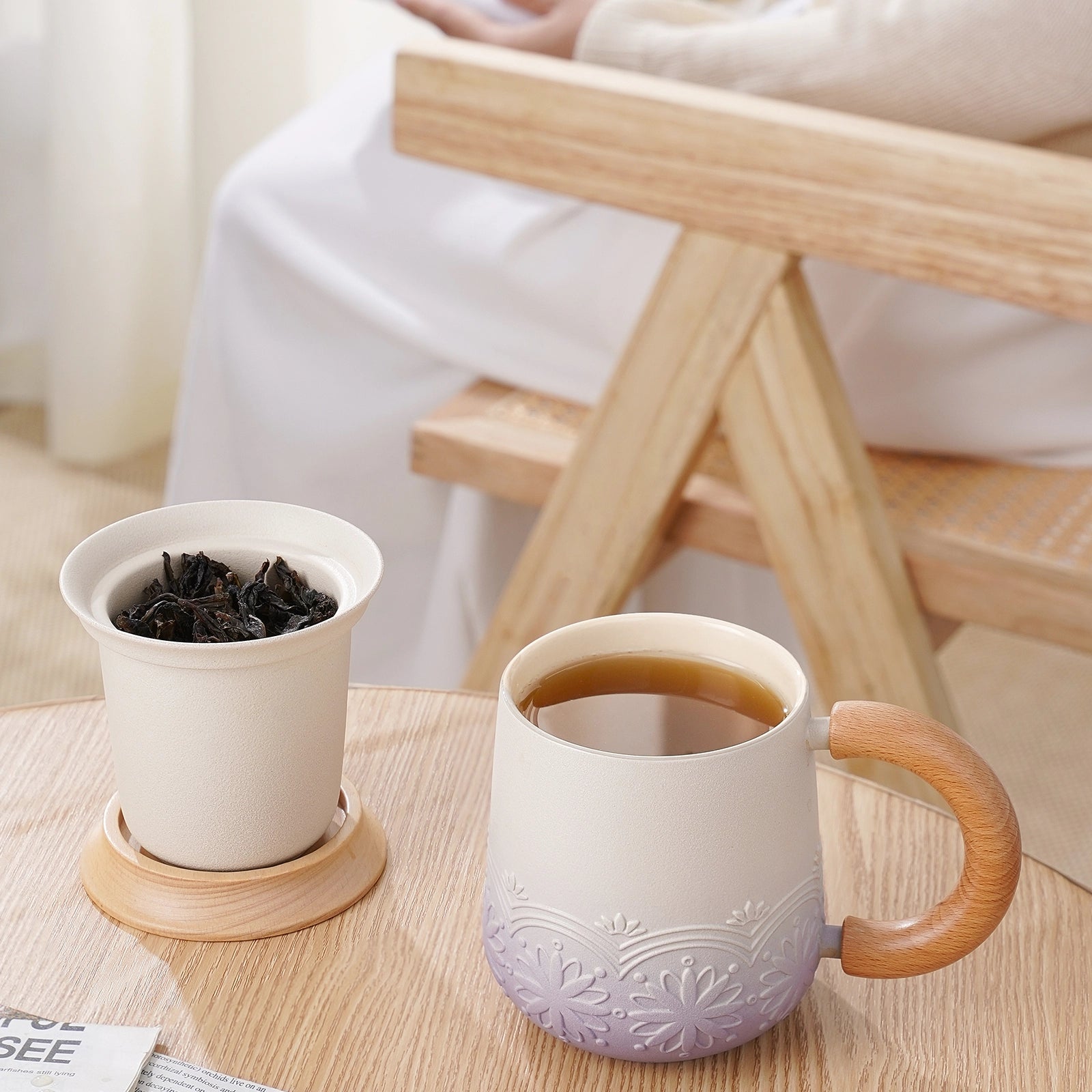 Wooden handle Tea Infuser Mugs 11 Oz Gradient Purple