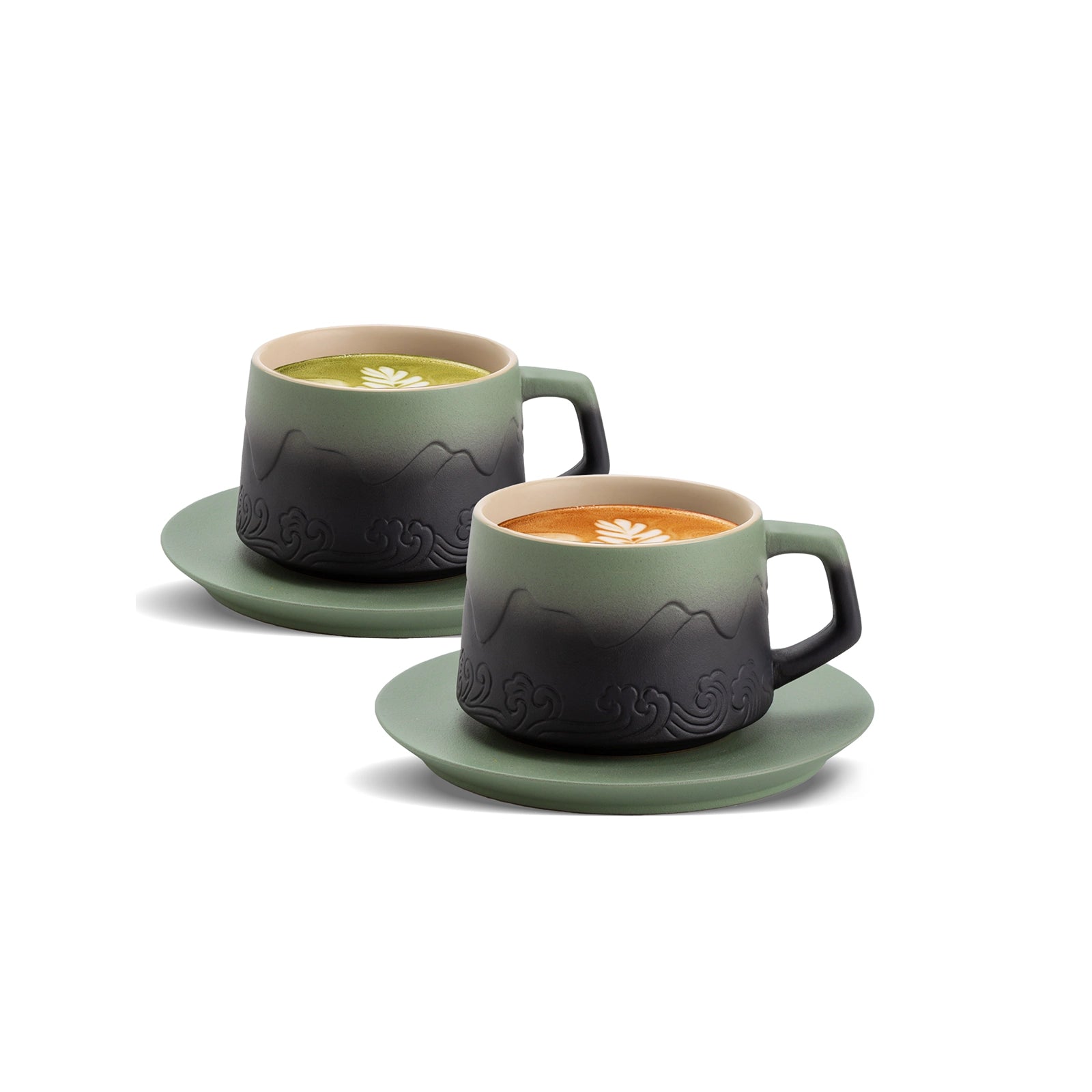 Matte Ceramic 8 oz Pea Green &amp; Black Latte Cups with Saucers