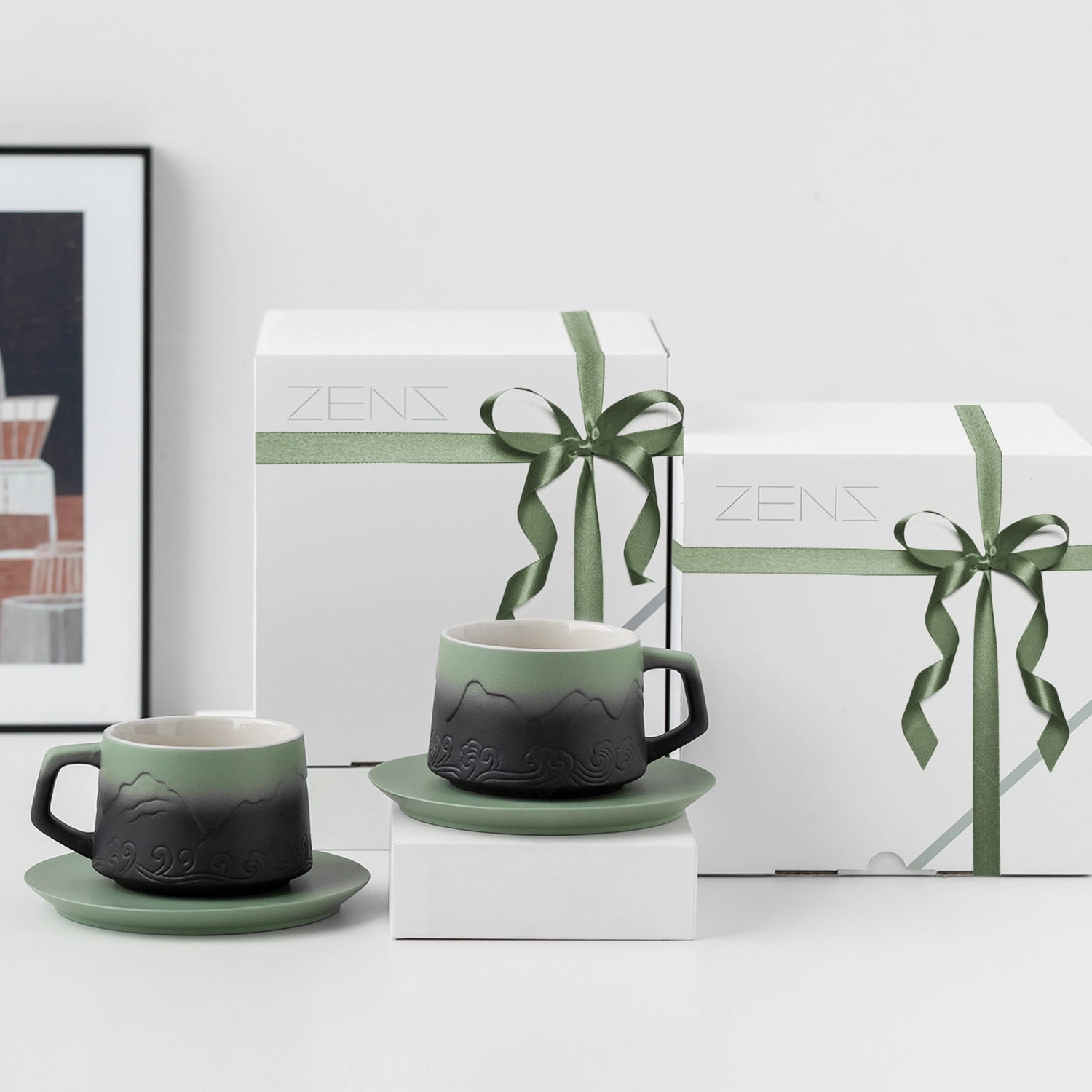 Matte Ceramic 8 oz Pea Green &amp; Black Latte Cups with Saucers