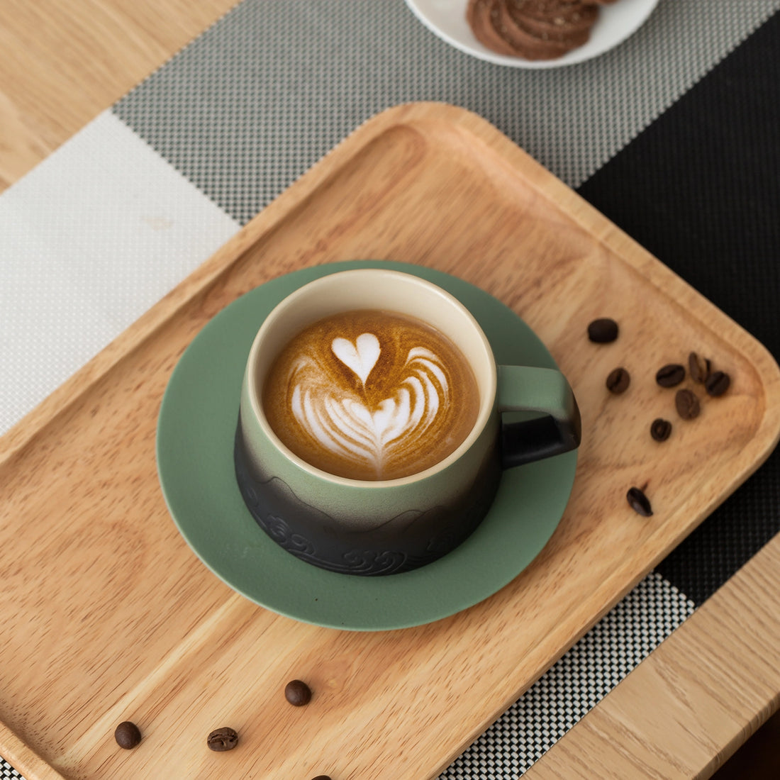 Matte Ceramic 8 oz Pea Green &amp; Black Latte Cups with Saucers