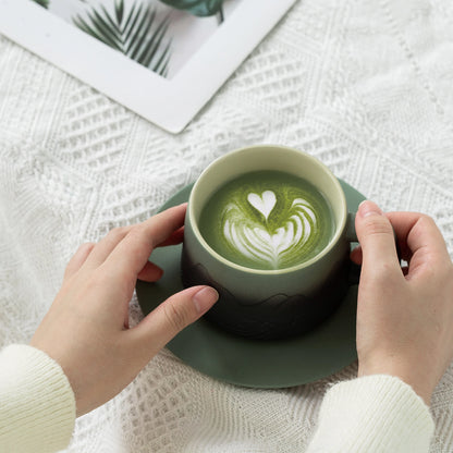 Matte Ceramic 8 oz Pea Green &amp; Black Latte Cups with Saucers