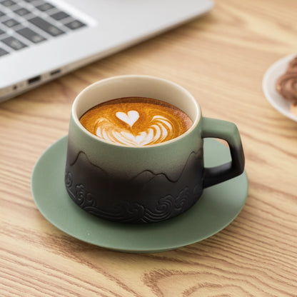 Matte Ceramic 8 oz Pea Green &amp; Black Latte Cups with Saucers