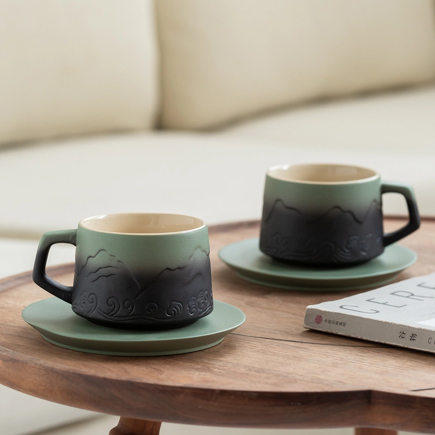 Matte Ceramic 8 oz Pea Green &amp; Black Latte Cups with Saucers