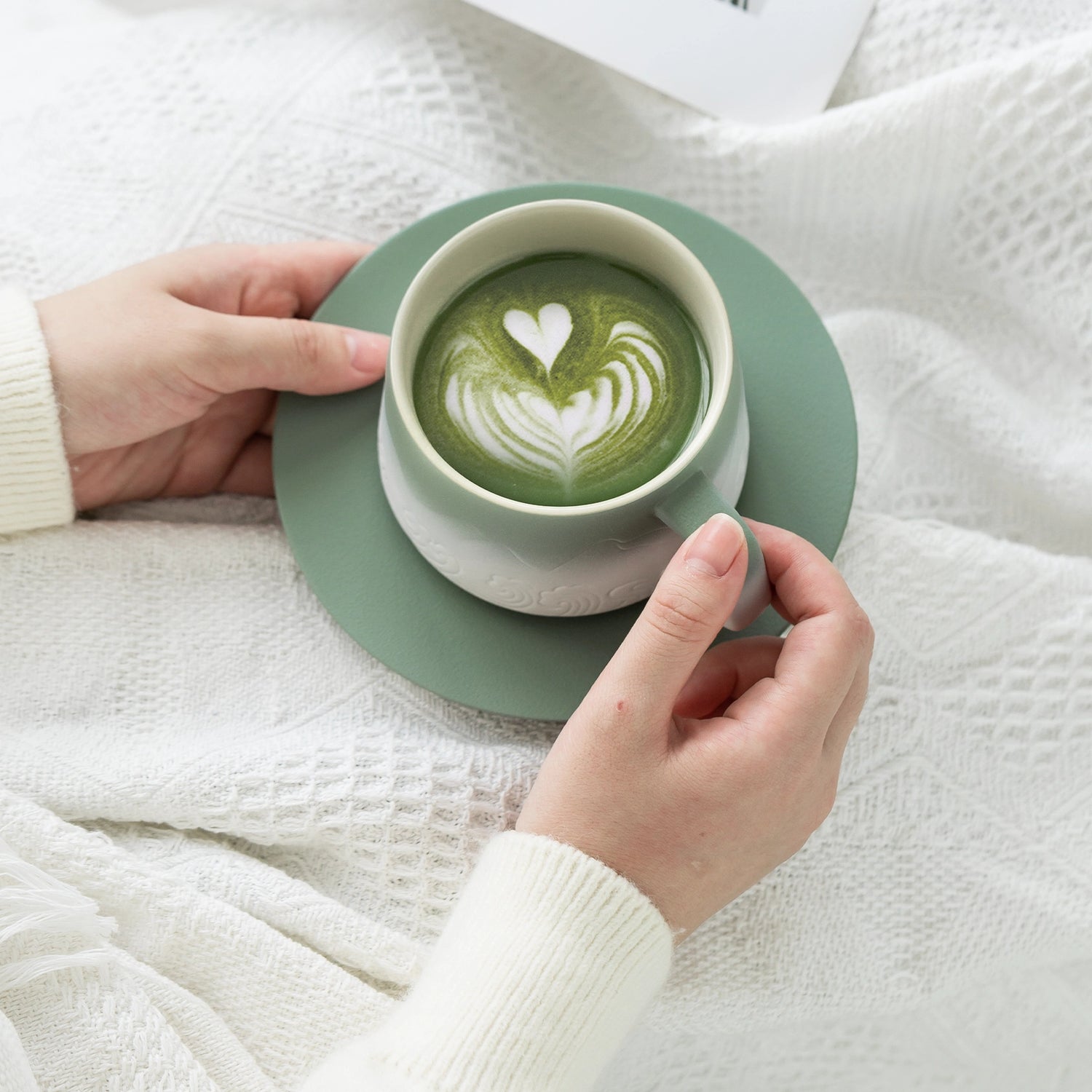 Ceramic 8 oz Pea Green &amp; White Coffee Cups and Saucers