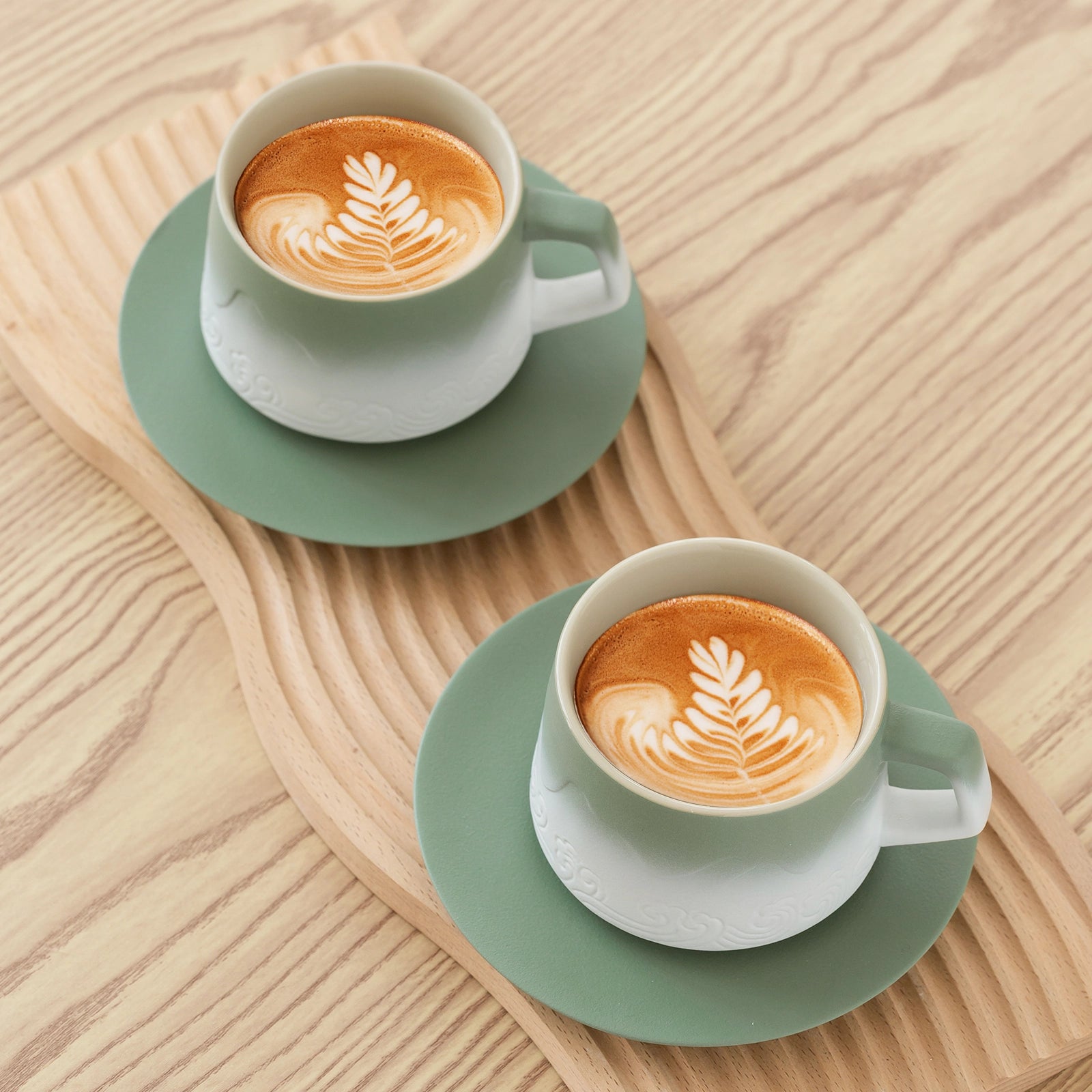 Ceramic 8 oz Pea Green &amp; White Coffee Cups and Saucers