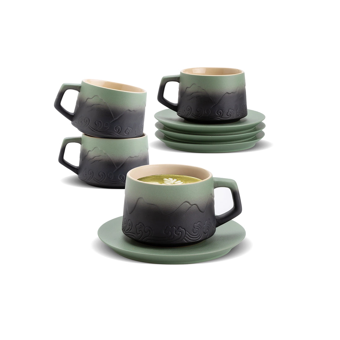 Matte Ceramic 8 oz Pea Green &amp; Black Coffee Cups Set