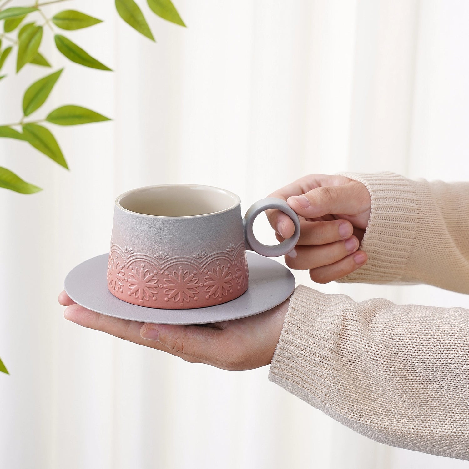 Matte Ceramic 7.3 oz Pink Grey Cappuccino Cups Set