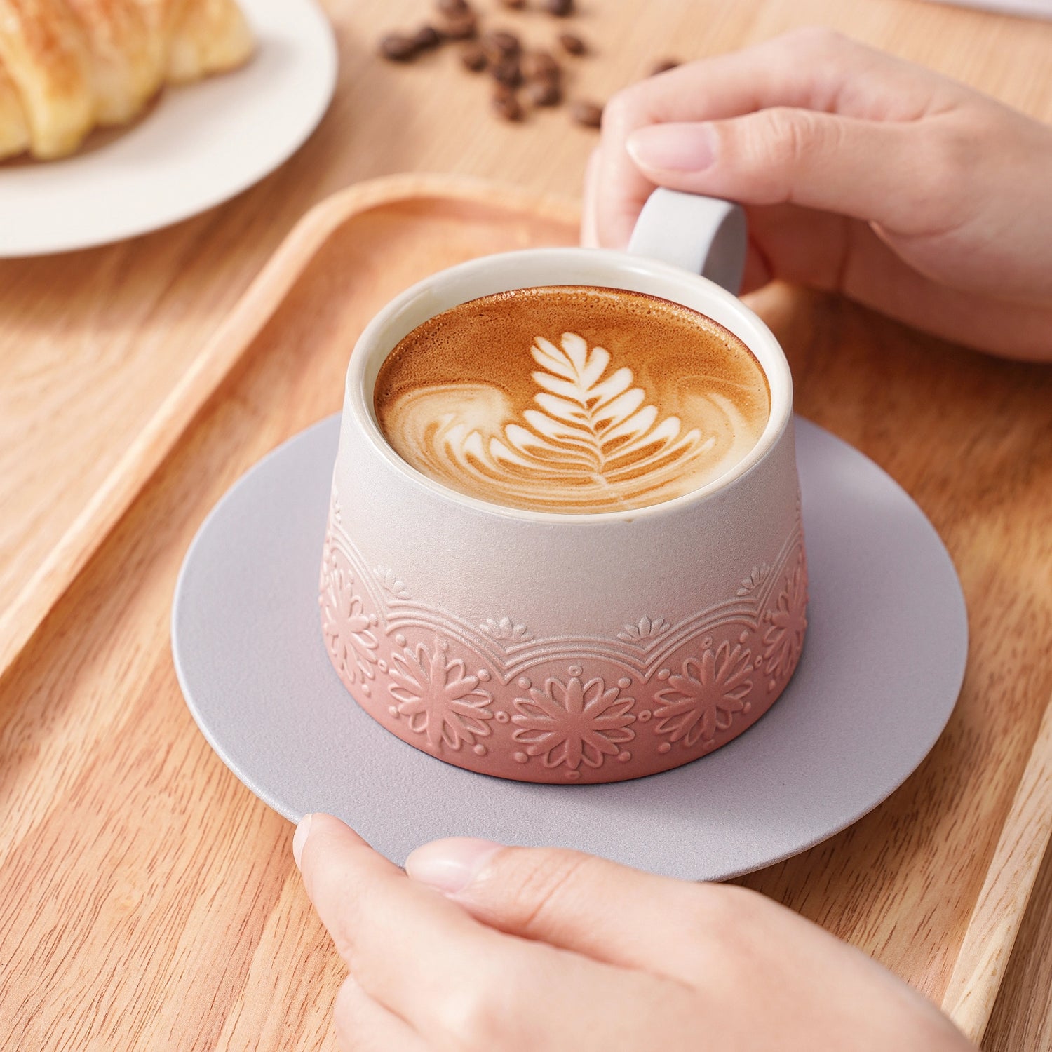 Matte Ceramic 7.3 oz Pink Grey Cappuccino Cups Set