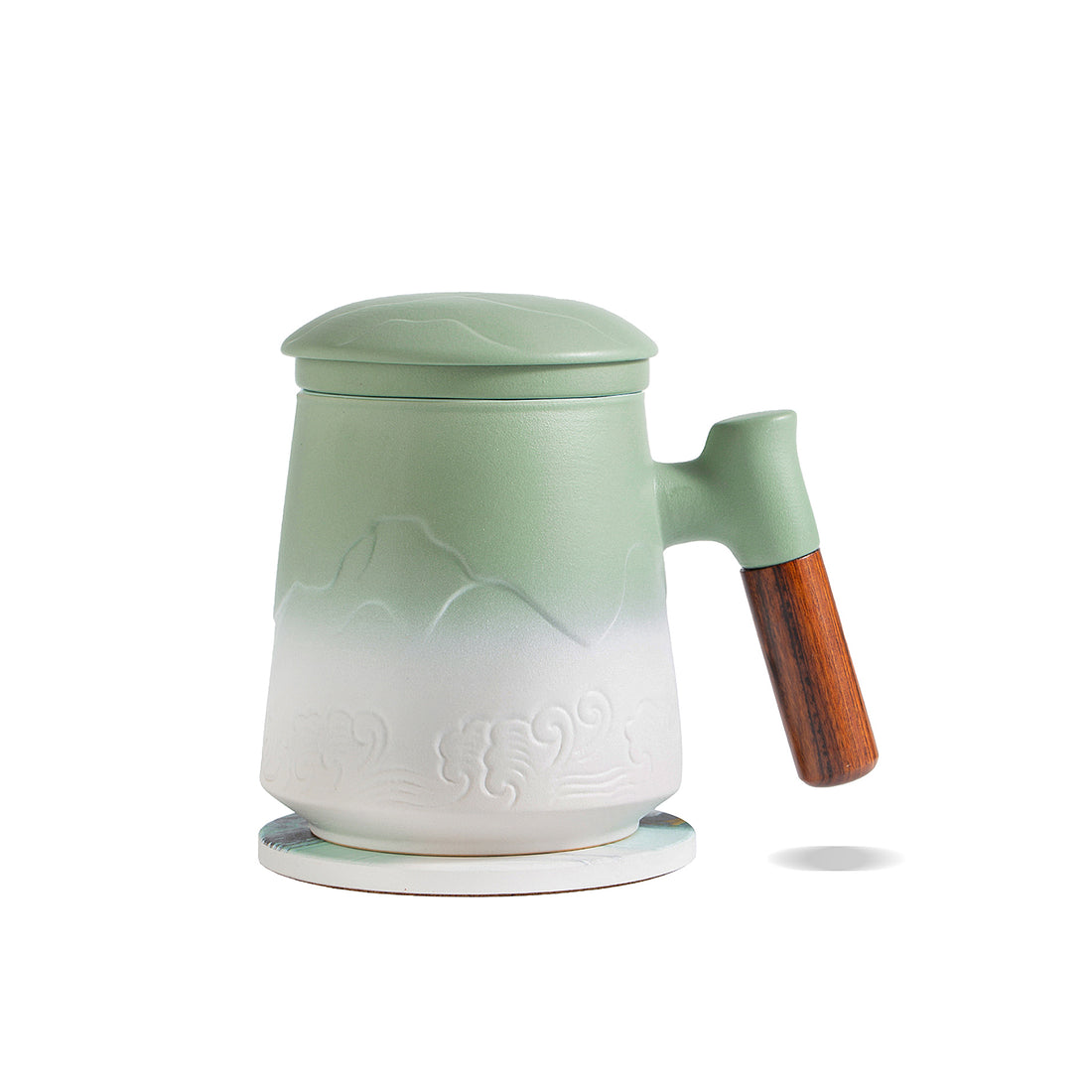 Tea Infuser Mug &amp; Coaster 15 Oz Embossed Light Green