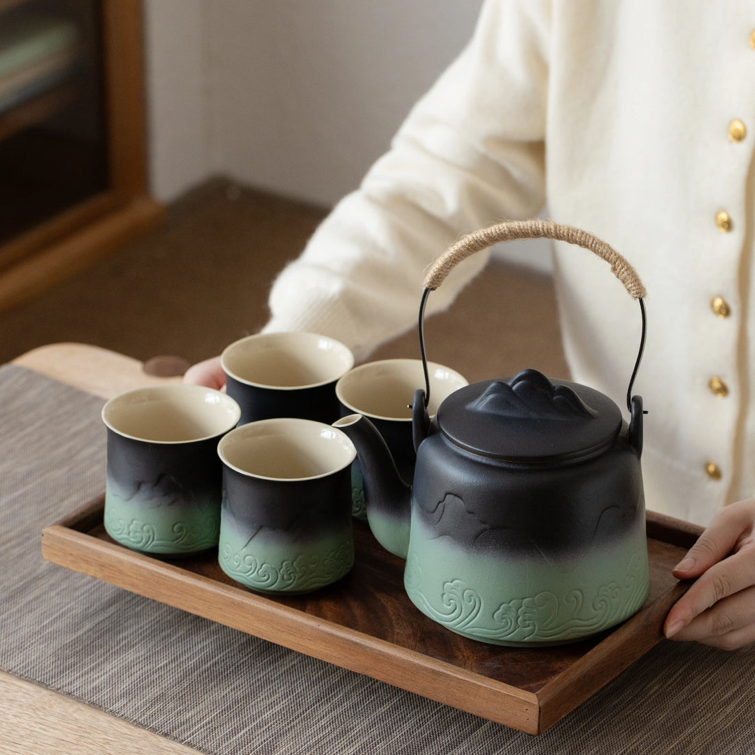 33oz Japanese Vintage Ceramic Infuser Teapot Black&amp;Green