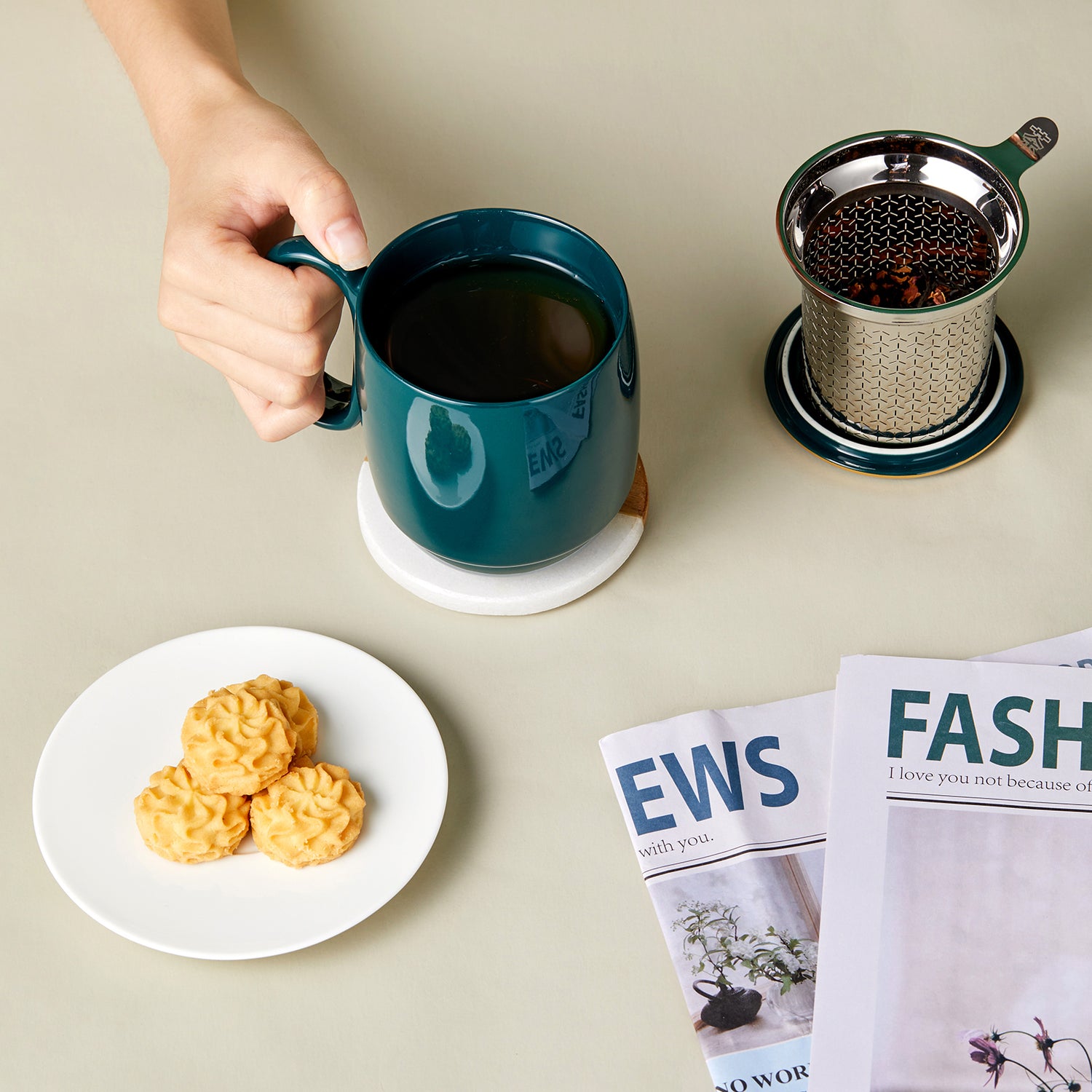 Porcelain Tea Cup with Infuser 16 Oz Dark Green