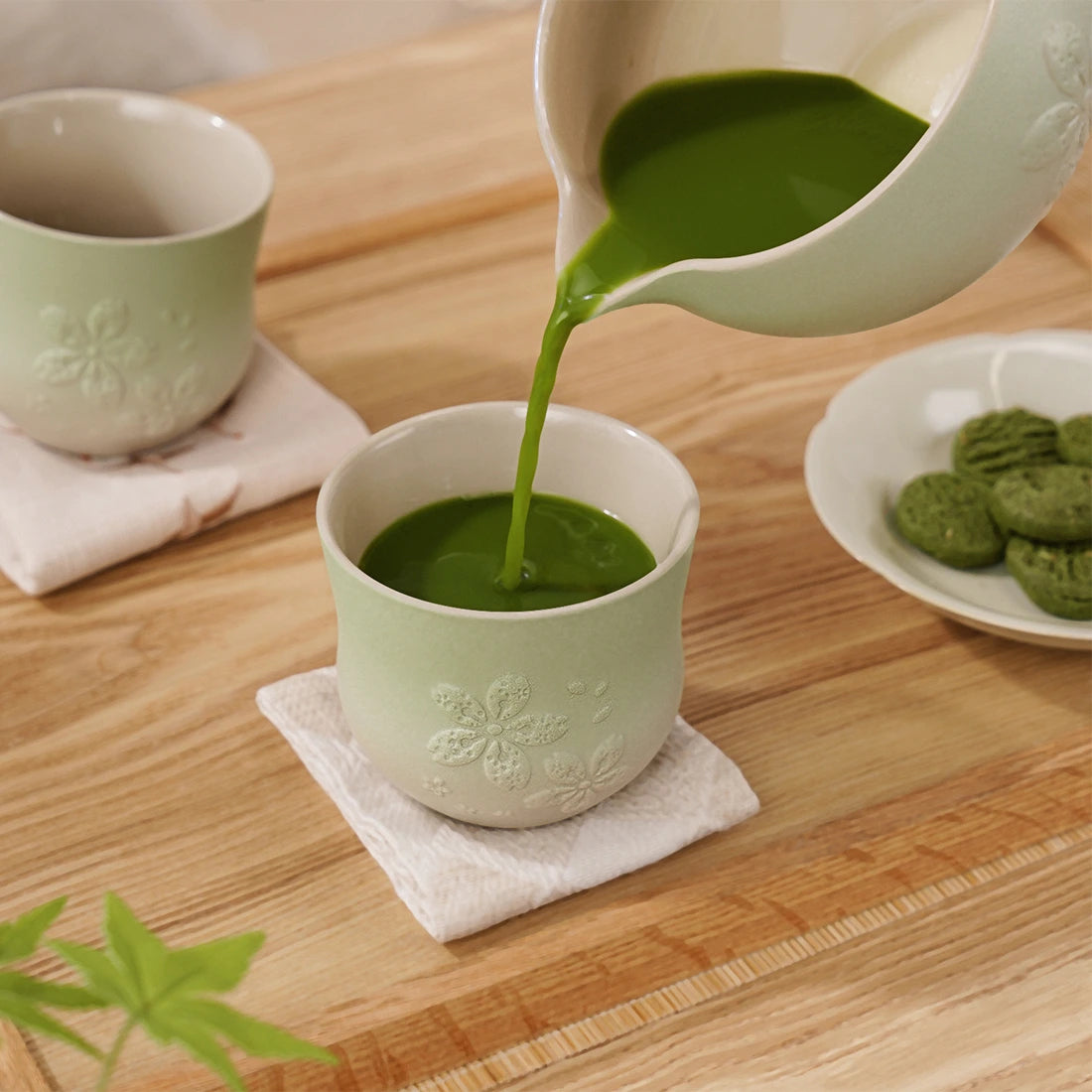 Matte Japanese Tea Cups Set 6.8 Oz Sakura Design Green