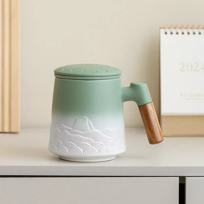 Tea Infuser Mug &amp; Coaster 16.8 Oz Embossed White &amp; Green