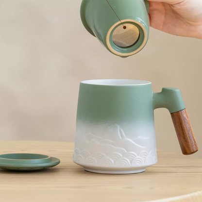 Tea Infuser Mug &amp; Coaster 16.8 Oz Embossed White &amp; Green